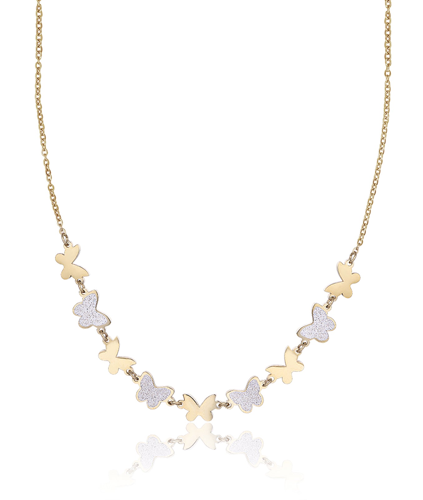 COLLANA IN ACCIAIO IP GOLD CON FARFALLE E GLITTER BIANCO