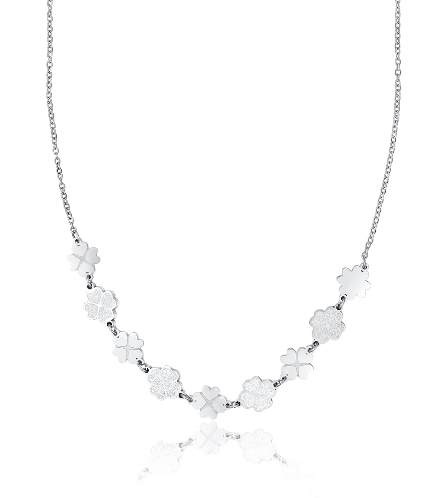 COLLANA IN ACCIAIO CON QUADRIFOGLI E GLITTER BIANCO