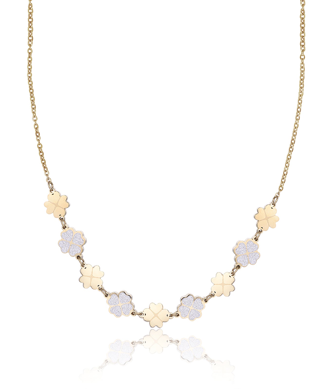 COLLANA IN ACCIAIO IP GOLD CON QUADRIFOGLI E GLITTER BIANCO