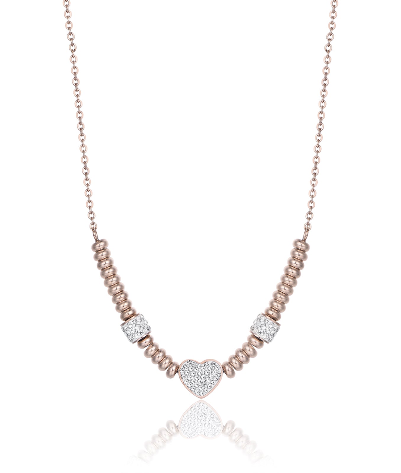 COLLANA IN ACCIAIO IP ROSE CON CUORE CON CRISTALLI BIANCHI