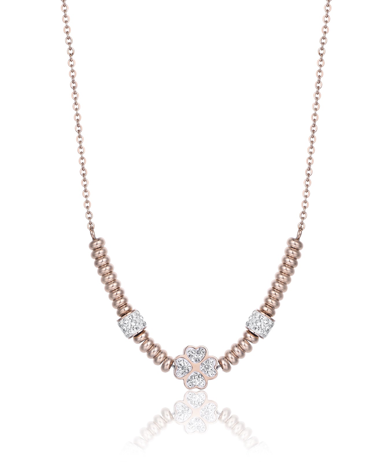 COLLANA IN ACCIAIO IP ROSE CON QUADRIFOGLIO CON CRISTALLI BIANCHI