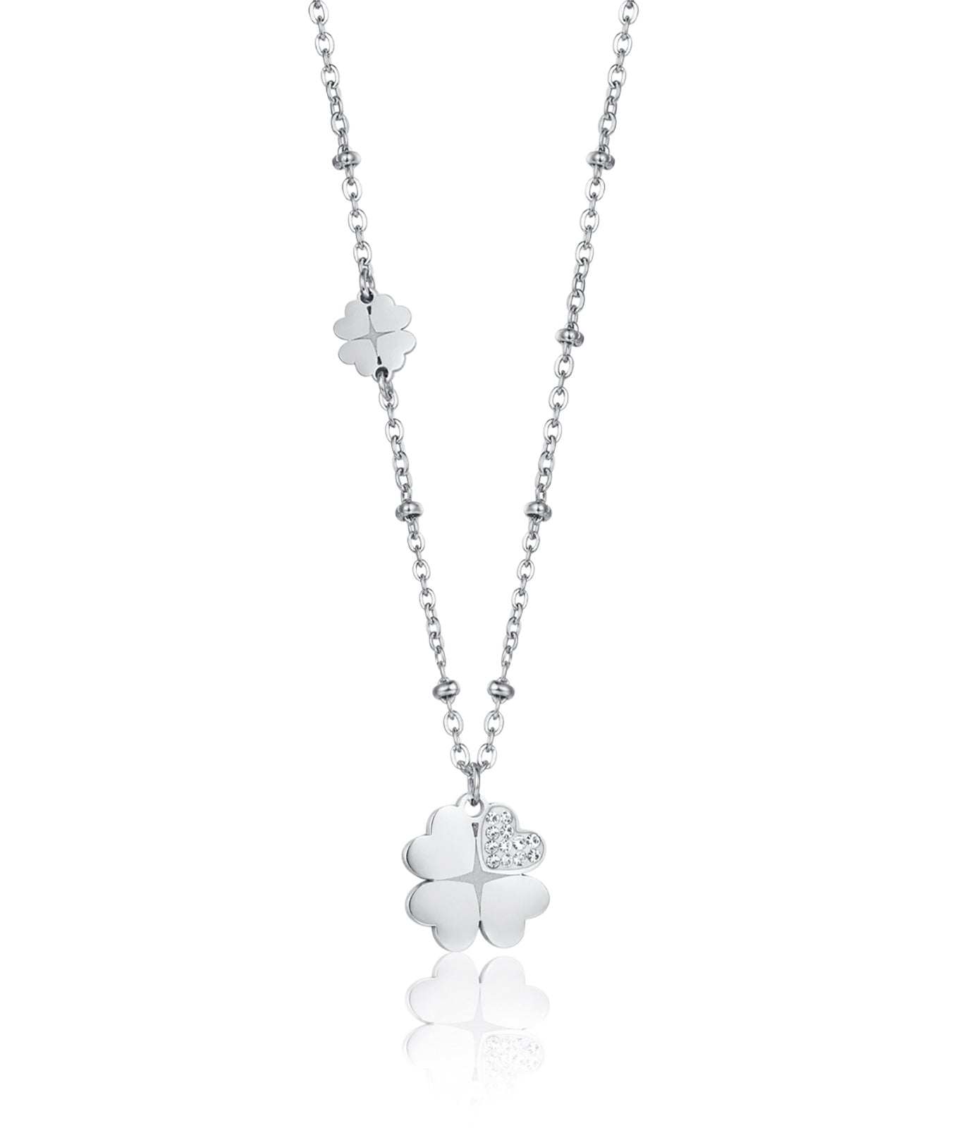 COLLANA IN ACCIAIO CON QUADRIFOGLI E CRISTALLI BIANCHI