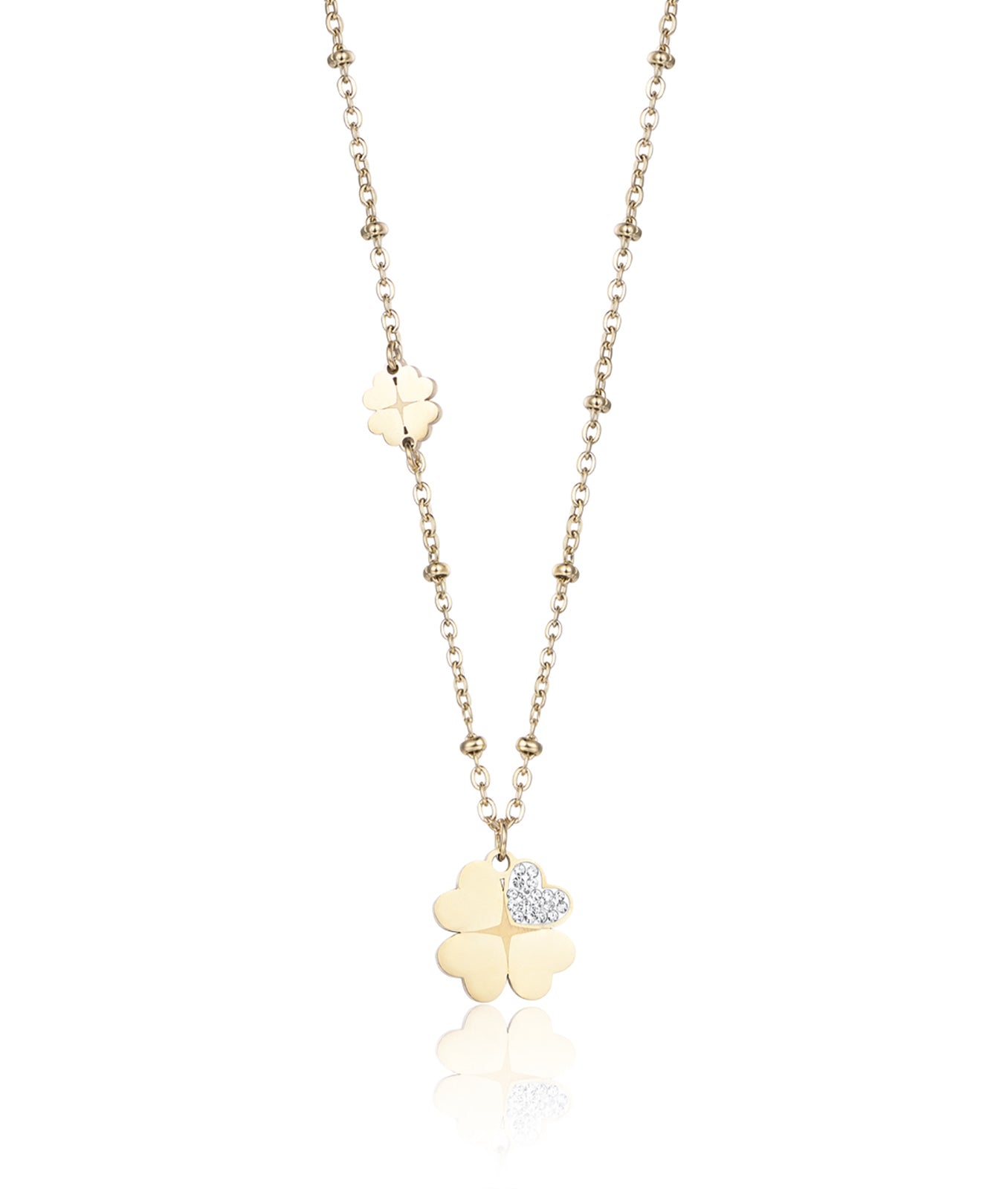COLLANA IN ACCIAIO IP GOLD CON QUADRIFOGLI CON CRISTALLI BIANCHI