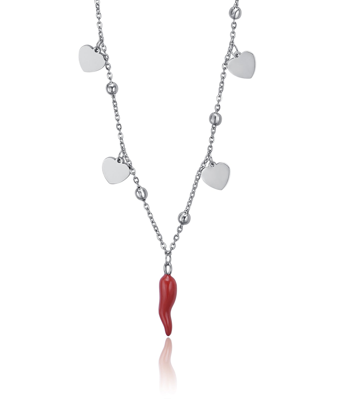 COLLANA IN ACCIAIO CON CUORI E CORNO ROSSO
