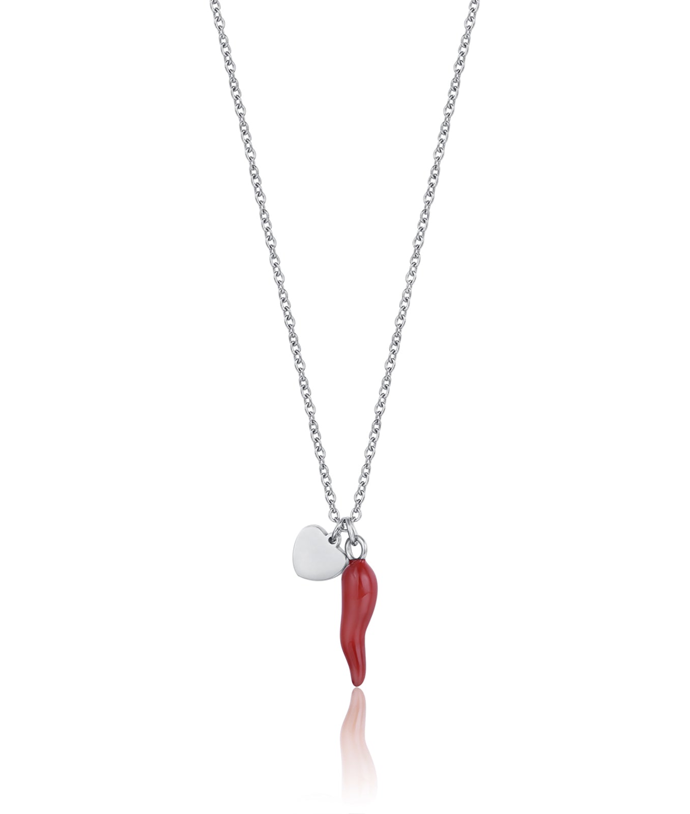 COLLANA IN ACCIAIO CON CUORE E CORNO ROSSO