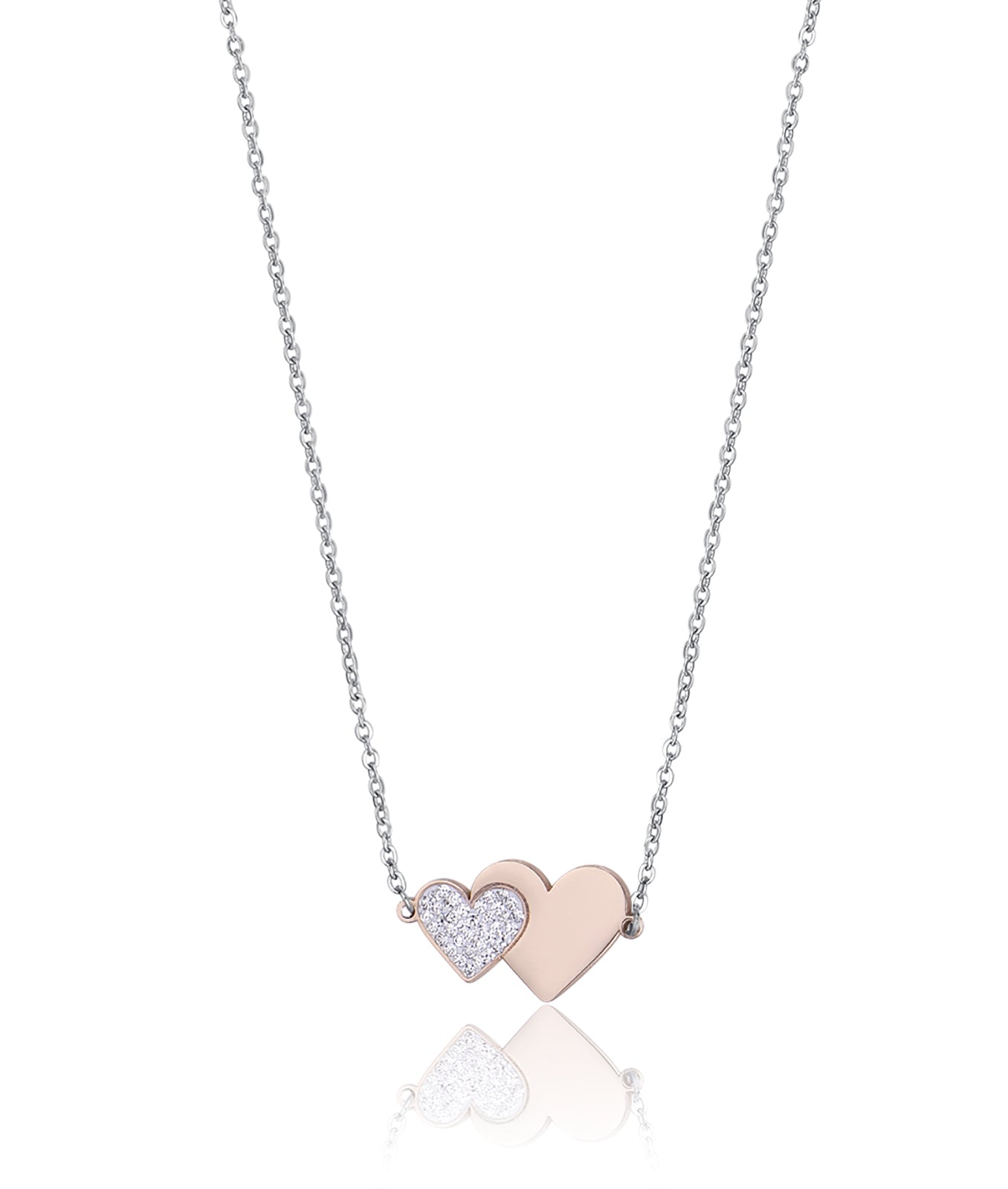 COLLANA IN ACCIAIO CON CUORE IN ACCIAIO IP ROSE E CRISTALLI BIANCHI