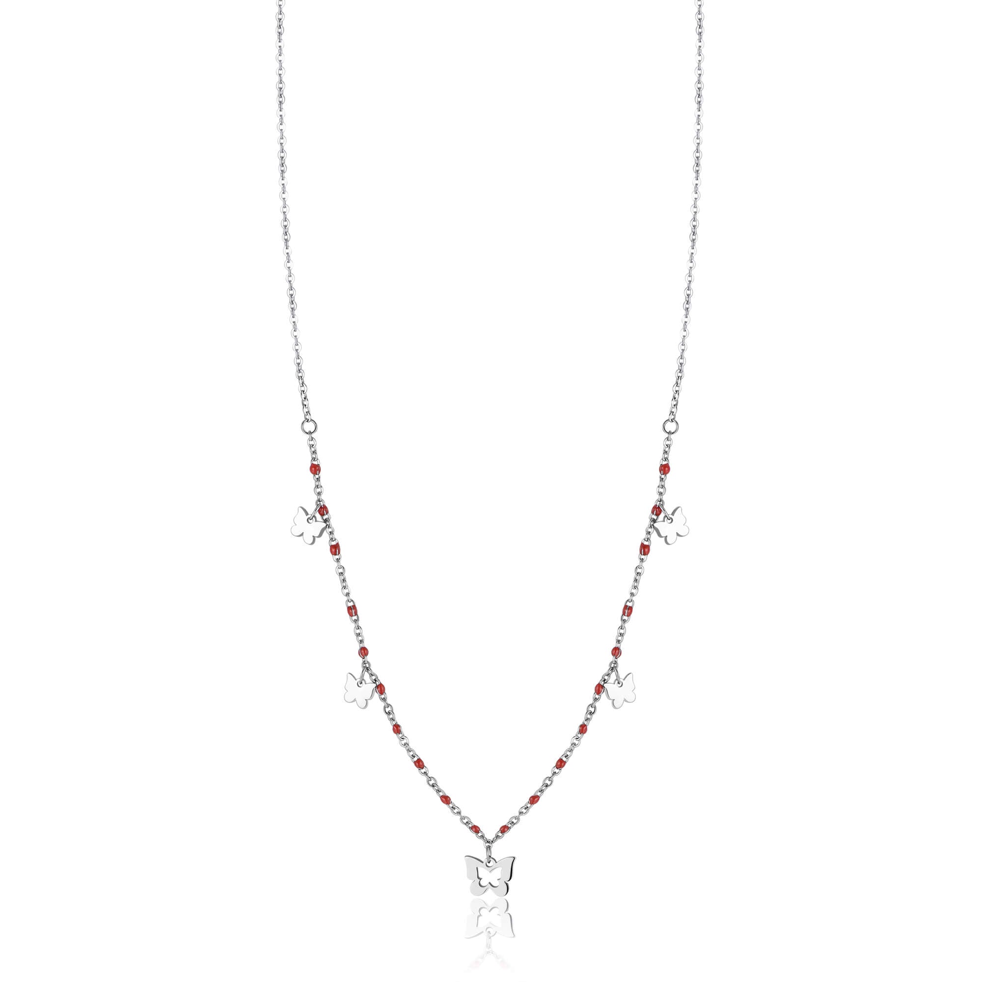 COLLANA IN ACCIAIO CON FARFALLE E PIETRE ROSSE