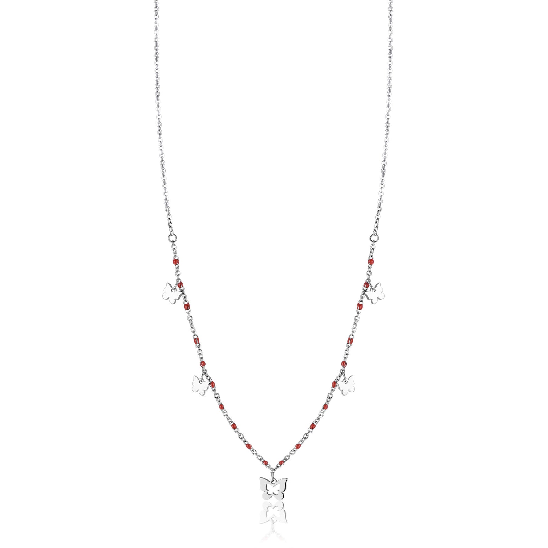 COLLANA IN ACCIAIO CON FARFALLE E PIETRE ROSSE