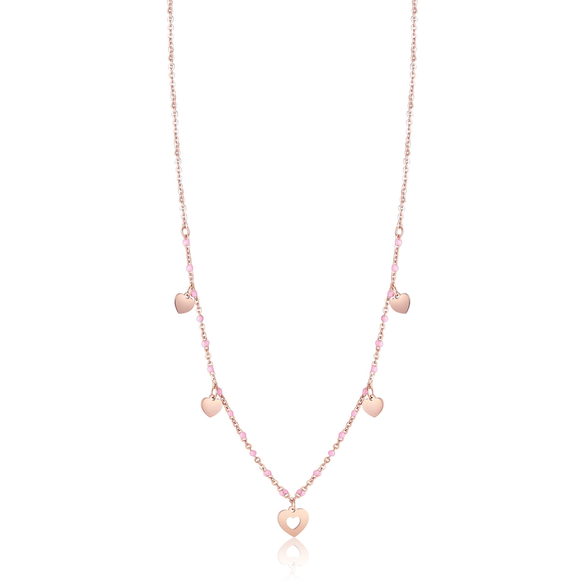 COLLANA IN ACCIAIO IP ROSE CON CUORI E PIETRE ROSA