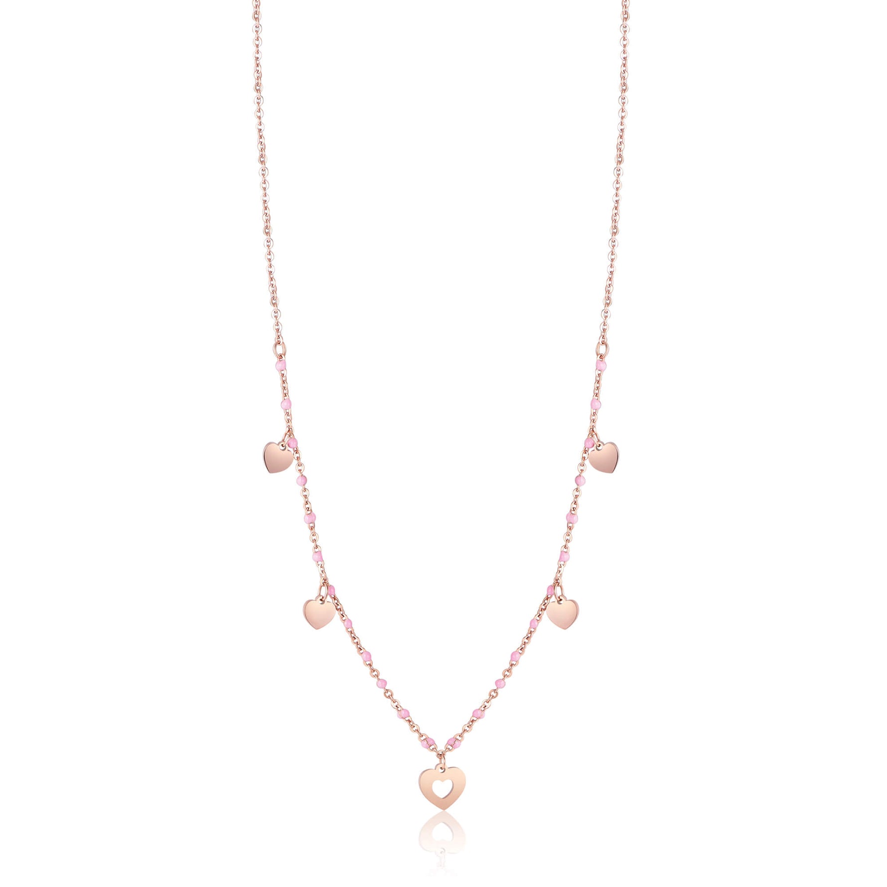 COLLANA IN ACCIAIO IP ROSE CON CUORI E PIETRE ROSA