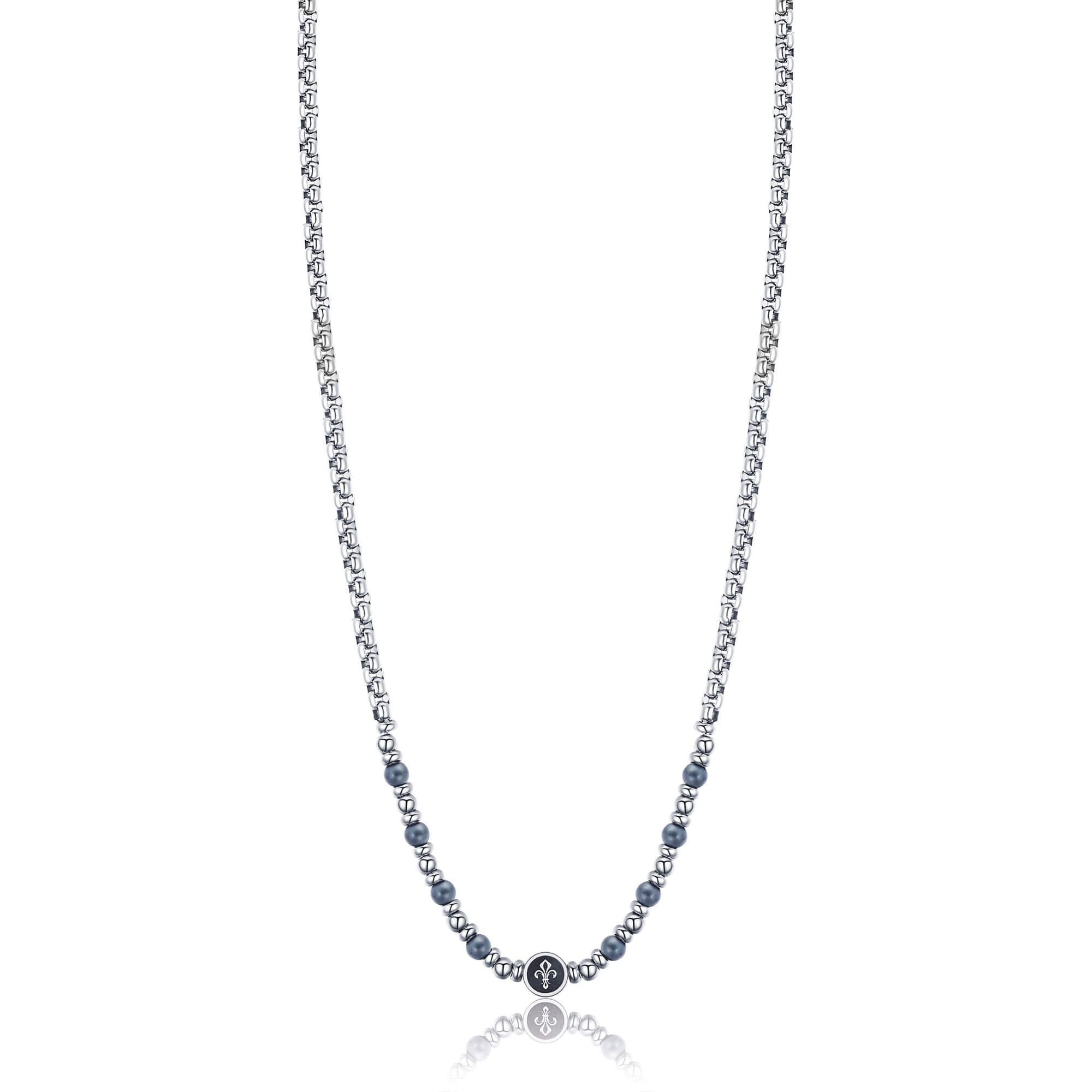 COLLANA IN ACCIAIO CON GIGLIO ED EMATITE GRIGIA
