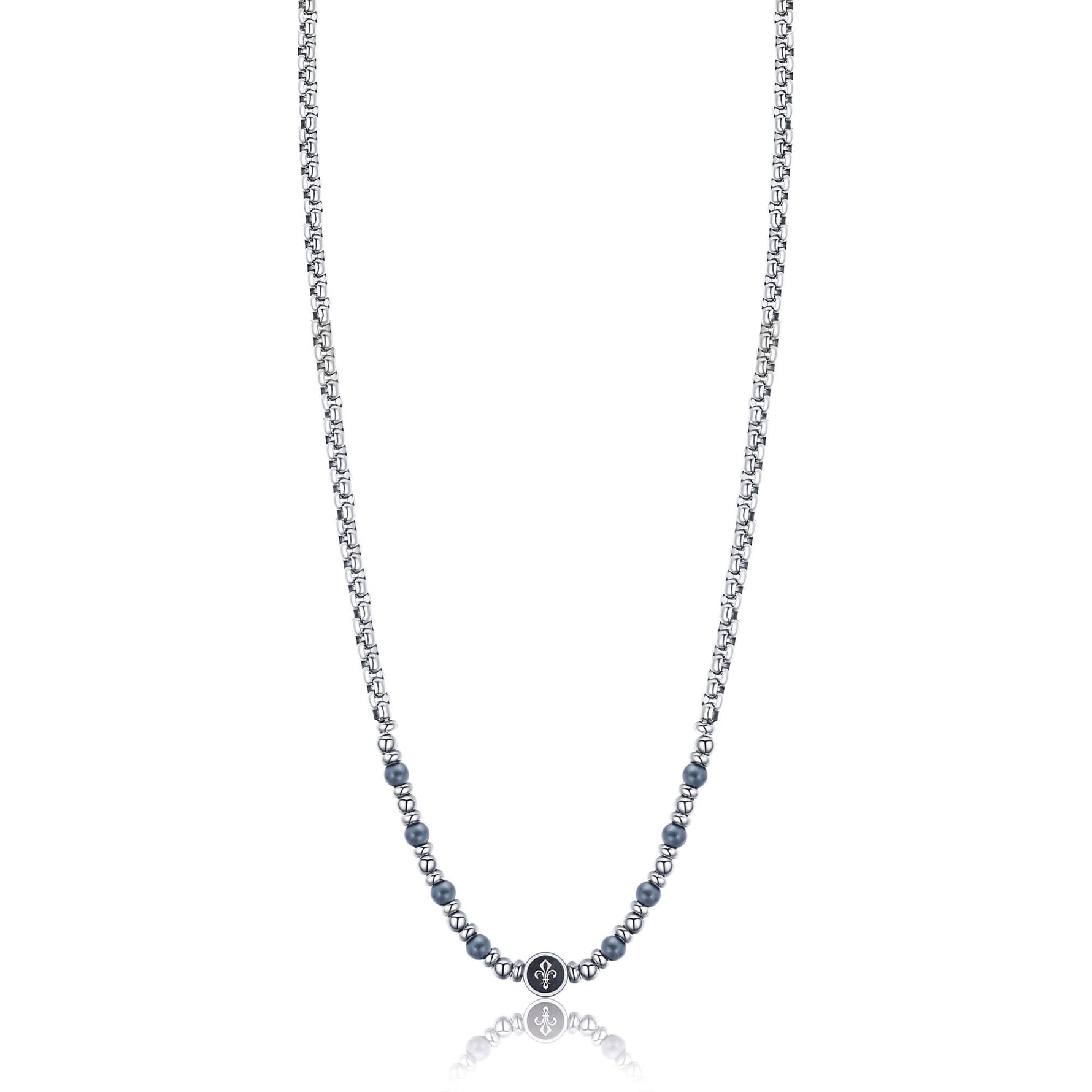 COLLANA IN ACCIAIO CON GIGLIO ED EMATITE GRIGIA