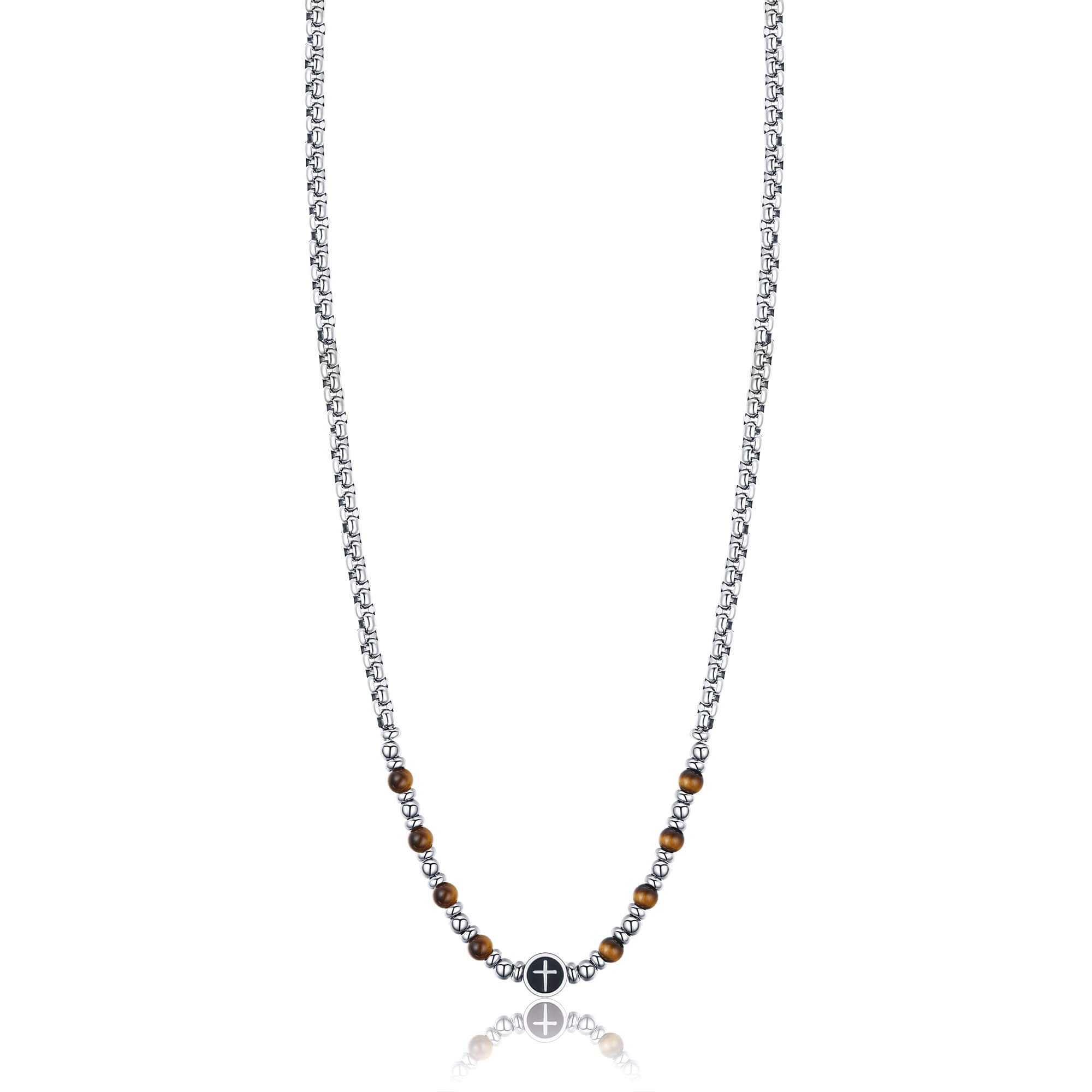 COLLANA IN ACCIAIO CON CROCE ED OCCHIO DI TIGRE