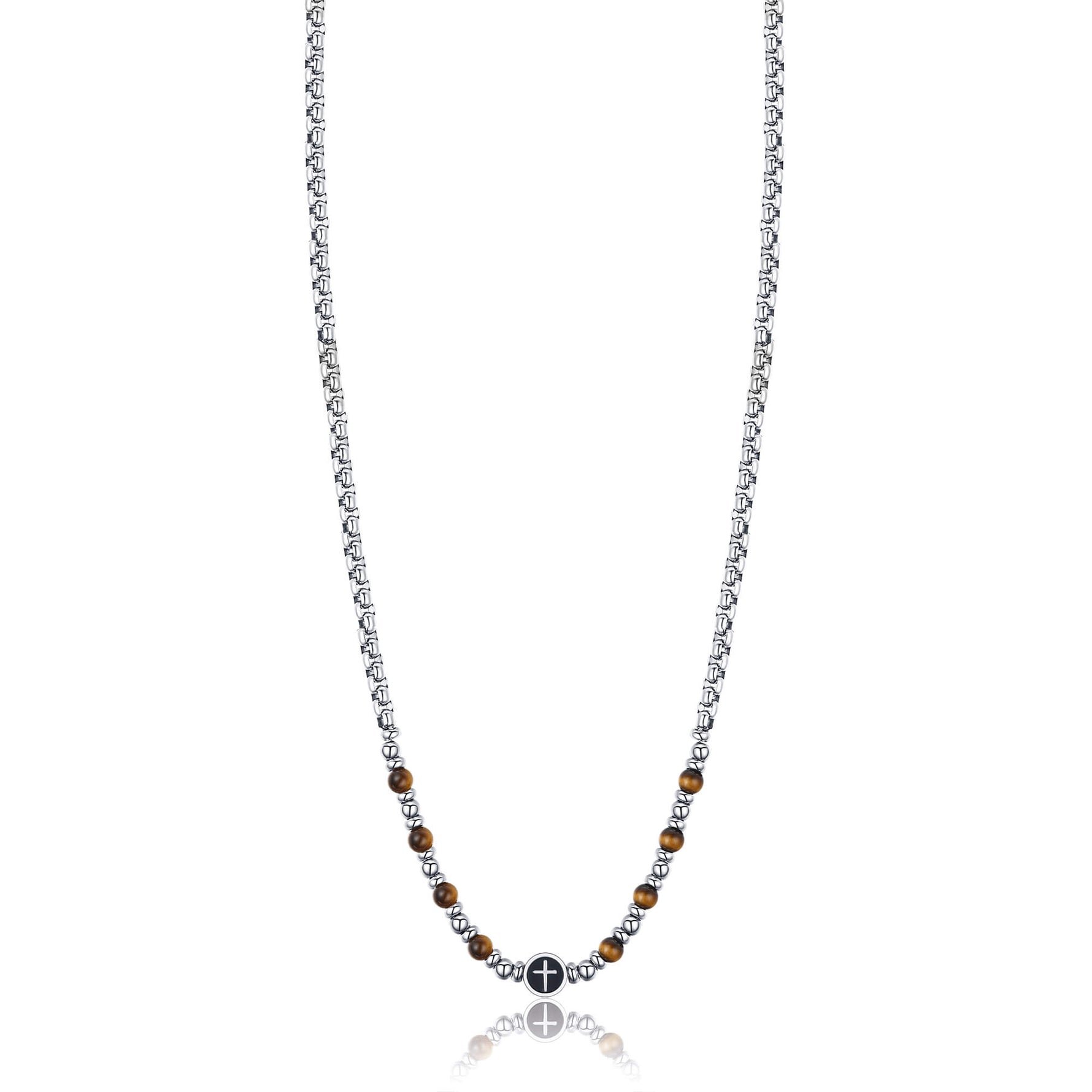 COLLANA IN ACCIAIO CON CROCE ED OCCHIO DI TIGRE