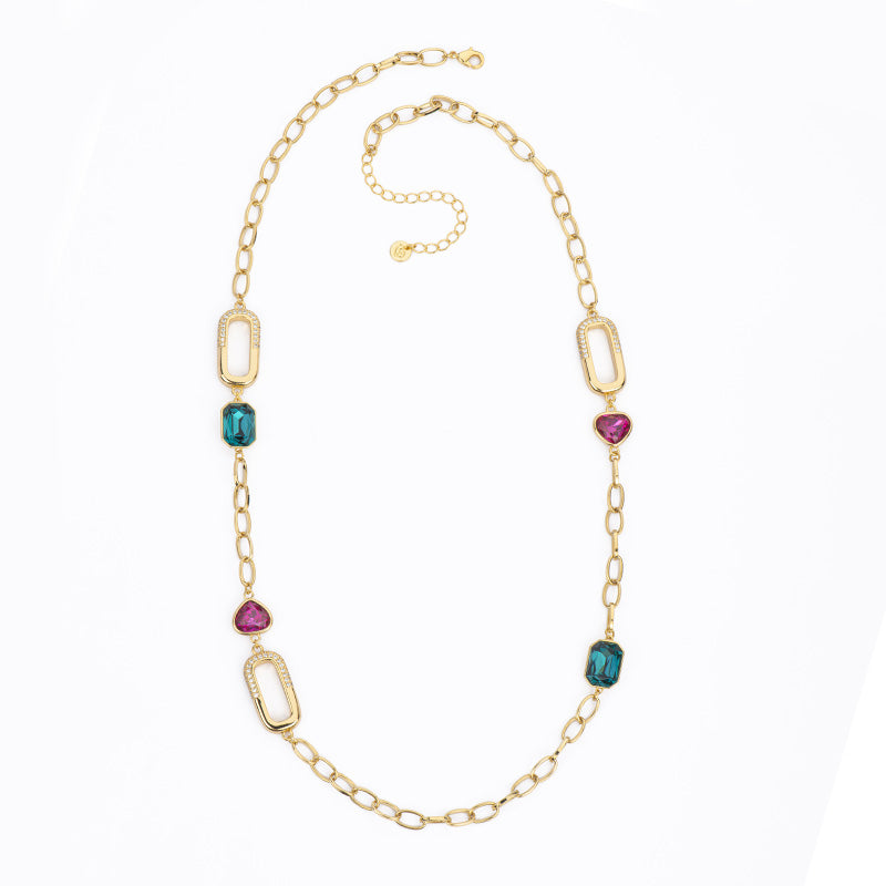 Collana con catena forzatina in brass dorato alternata a ovali con pavè di zirconi clear cristalli fucsia e blu di londra - misura regolabile