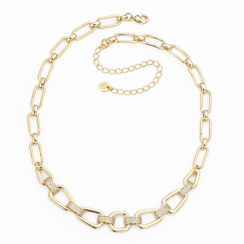 Collana girocollo assemblato trapezoidali in brass liscio e dorato alternati a links in pavé di zirconi clear  - misura regolabile