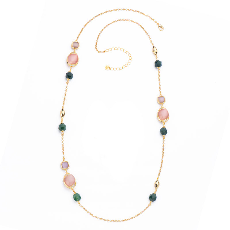 Collana catenina ed elementi in brass dorato con intarsio obliquo cat eye rosa,tanzanite e pietre in agata verde  - misura regolabile