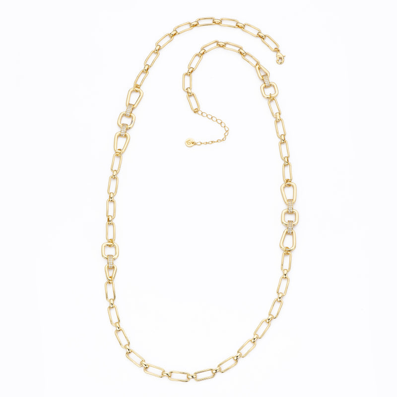 Collana catena assemblato a mano con elementi trapezoidali in brass liscio e dorato alternati a links in pavé di zirconi clear  - misura regolabile
