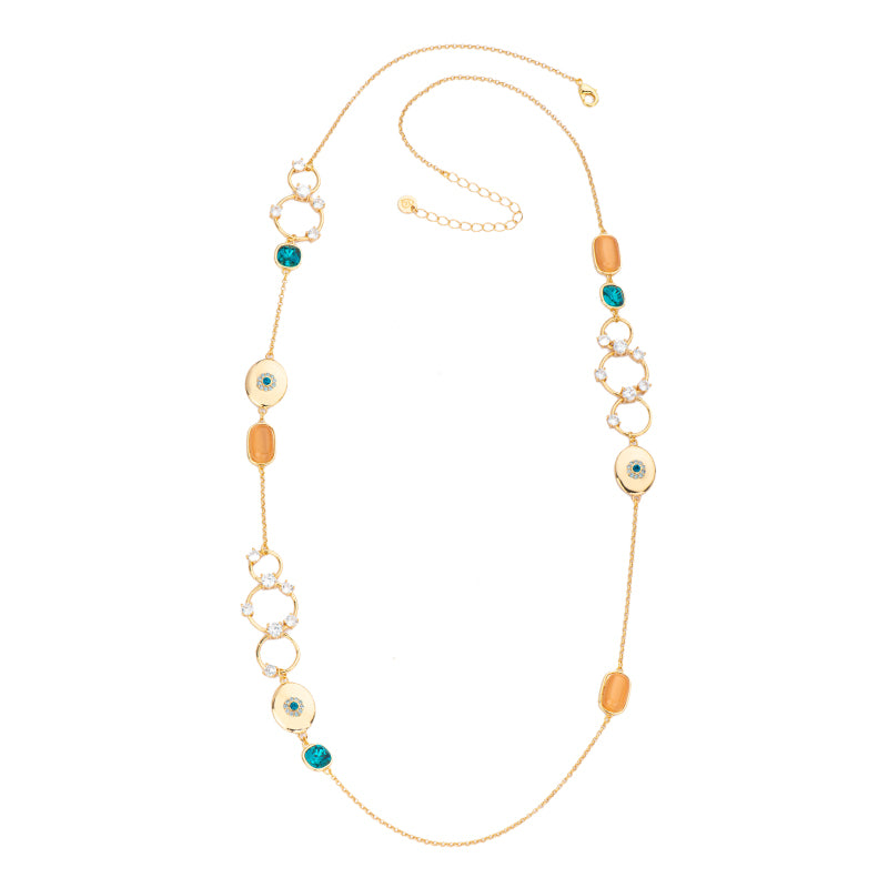 Collana sautoir con punti luce, cat eye albicocca e cristalli ottanio con elementi in brass dorato con decoro a fiore - misura regolabile