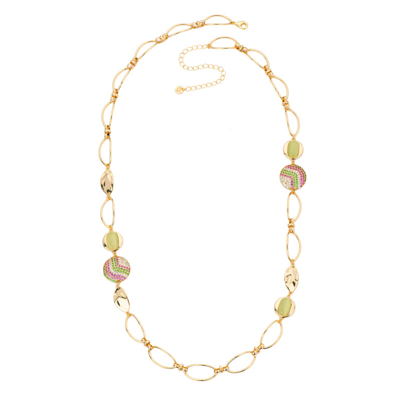 Collana catena ad ovali in brass dorato con elementi tondi in cat eye verde e pavè di zirconi clear, fucsia e peridot - misura regolabile