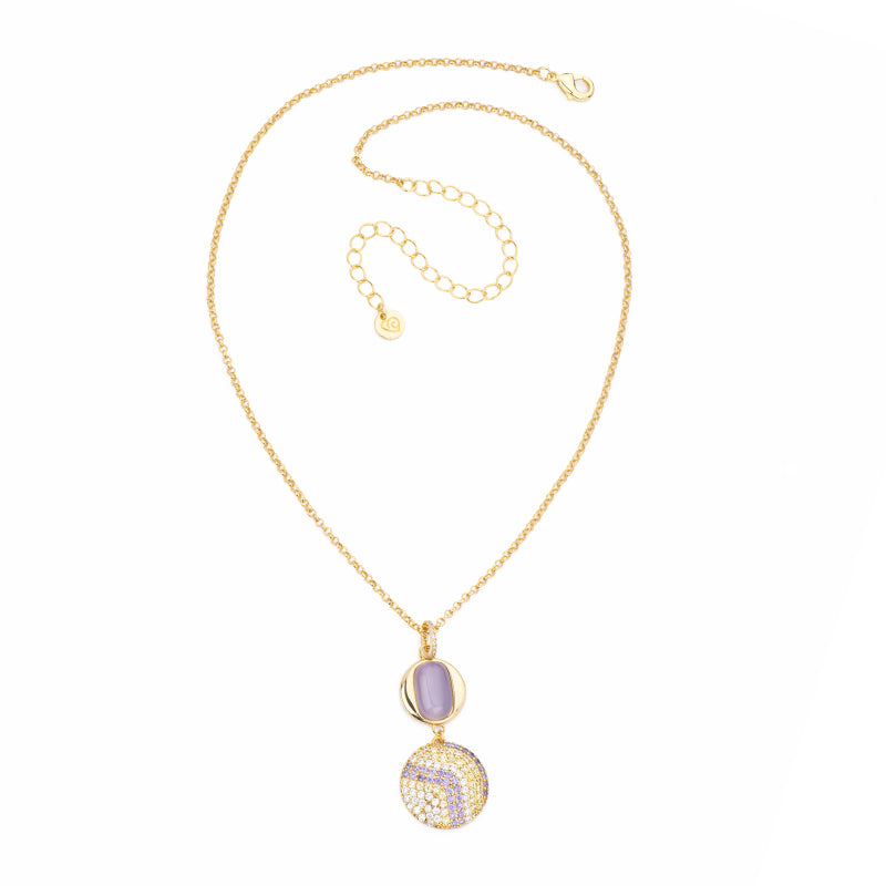 Collana catena rolò e pendente tondo in brass dorato con cat eye tanzanite e pavè di zirconi clear, citrino e ametista - misura regolabile