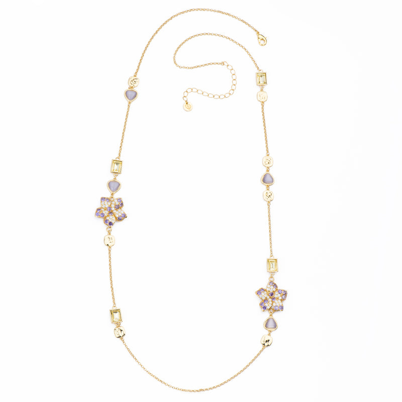 Collana sautoir in brass dorato con cat eye ametista cristalli citrino ed elementi a fiore in pavè di zirconi violet e clear - misura regolabile