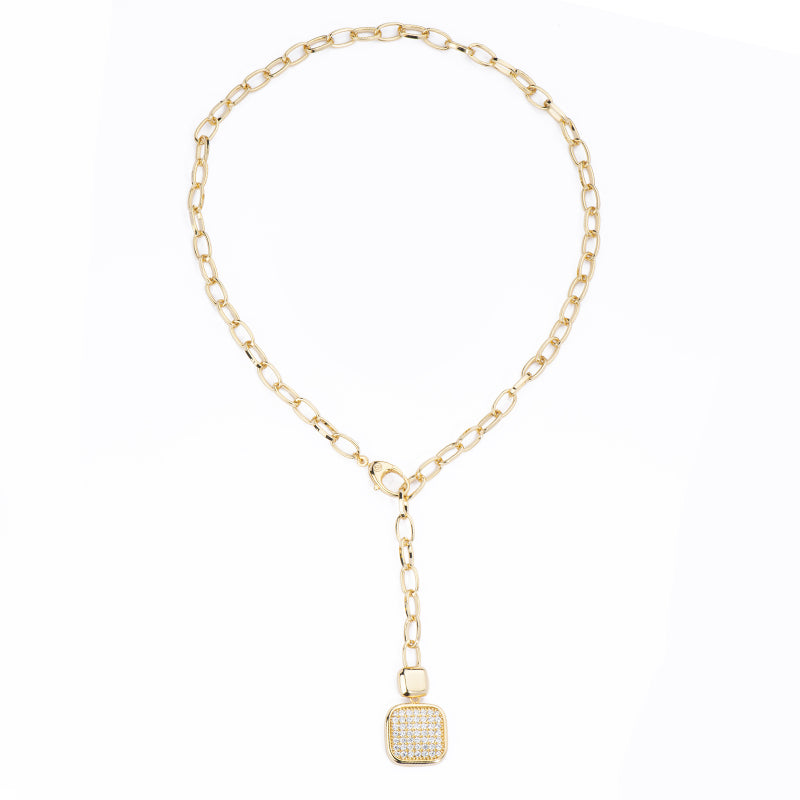 Collana catena ovalina in brass dorato con carré stondato e liscio con pavé di zirconi clear  - Misura regolabile