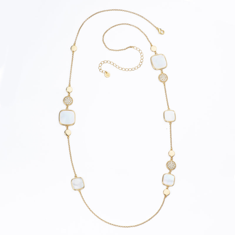 Collana catenina in brass dorato intervallata in pavé di zirconi e lamina carré di madreperla  - Misura regolabile