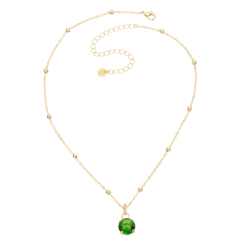 Collana con catenina saturno in brass dorato con anello in pavè di zirconi clear e cristallo tondo pendente deep green - misura regolabile