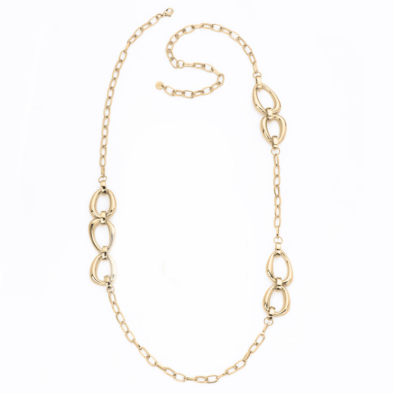 Collana catena assemblata a mano con ovaloidi bombati in brass liscio e dorato  - Misura regolabile