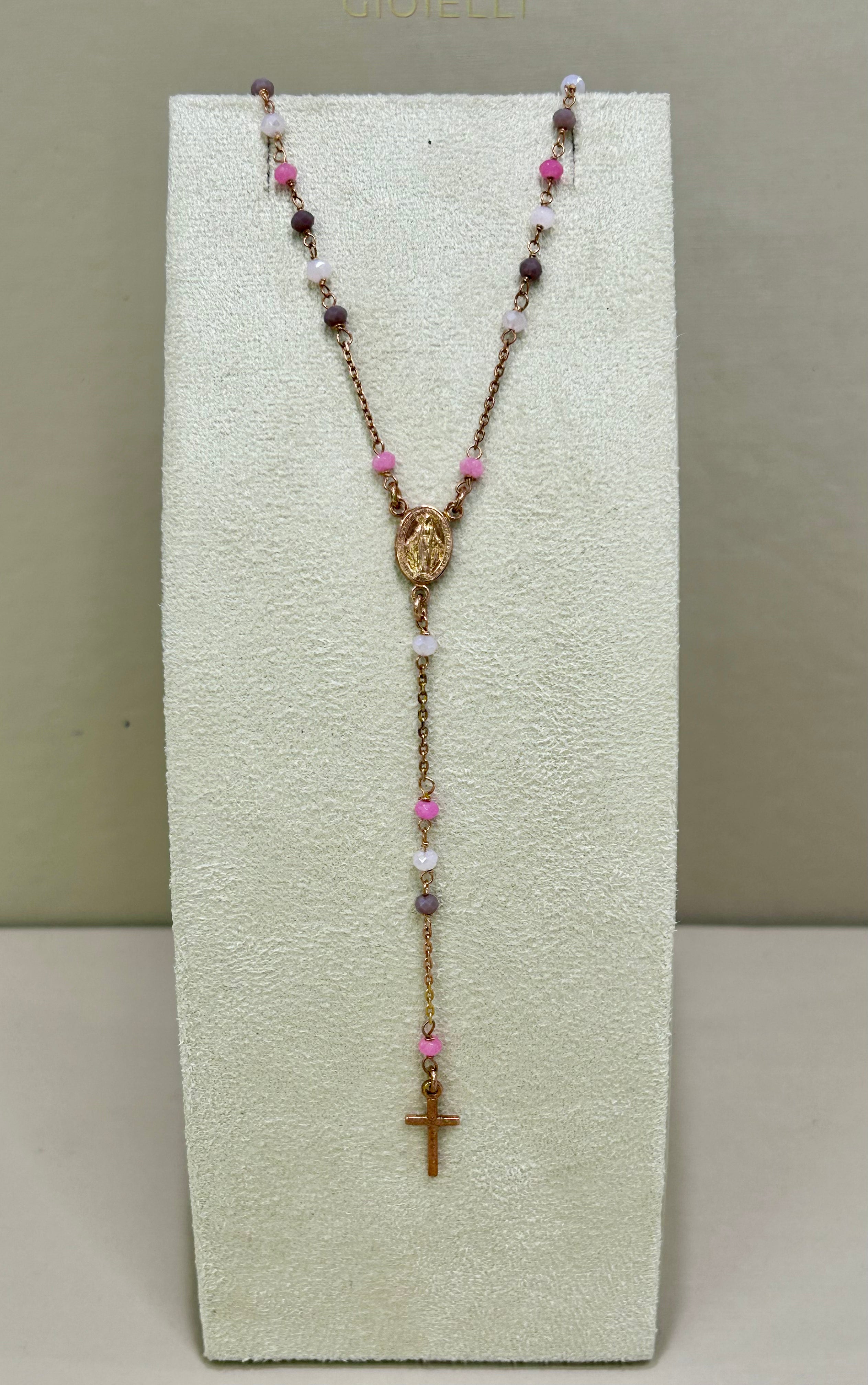 Collana rosario in argento rosato 925% e topazi colorati