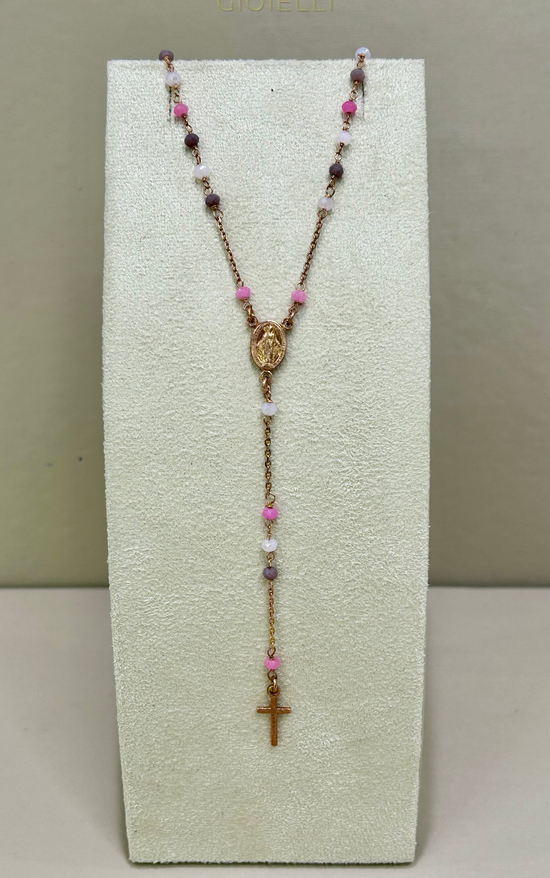 Collana rosario in argento rosato 925% e topazi colorati