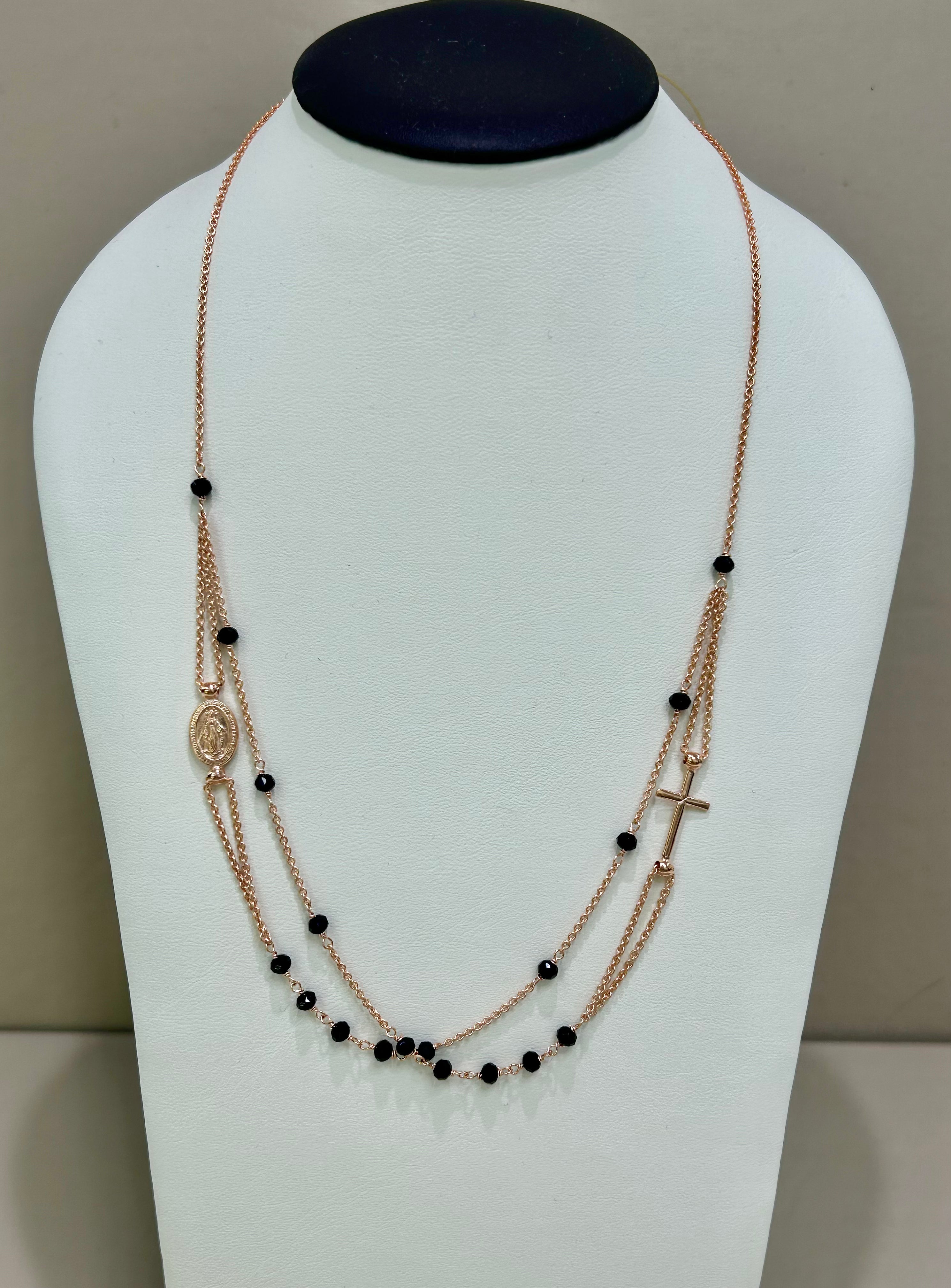 Collana rosario in argento rosato 925% e onice nero
