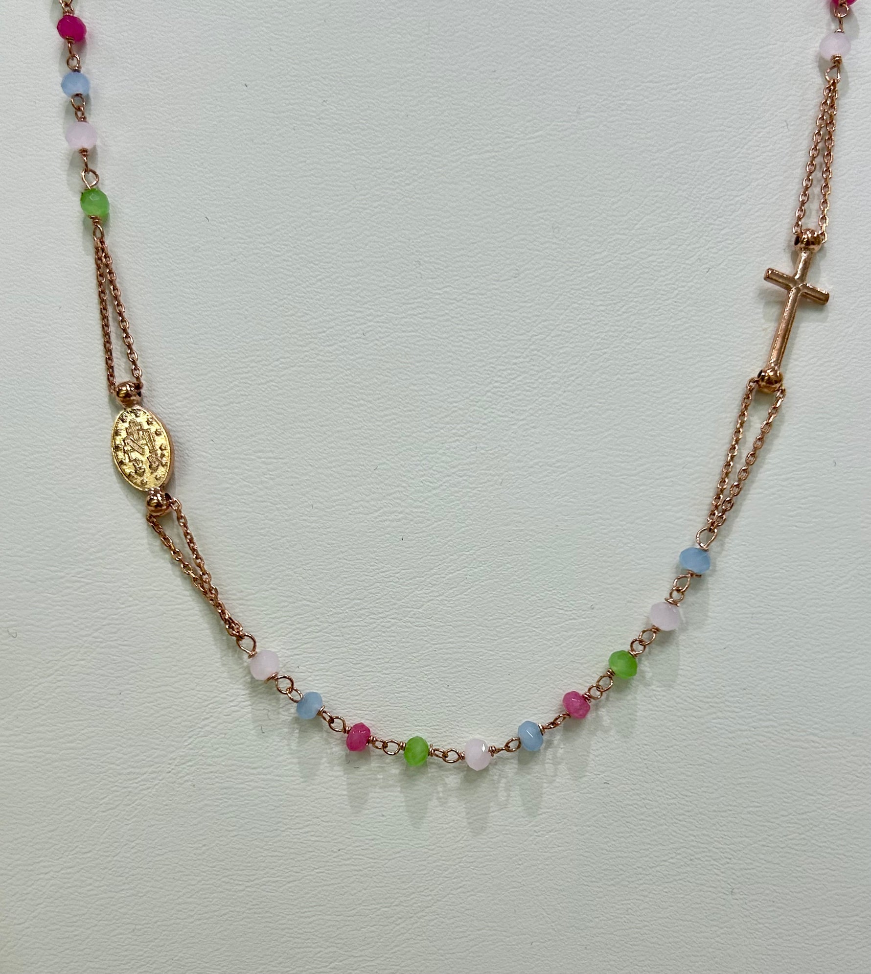 Collana rosario in argento rosato 925% e topazi colorati