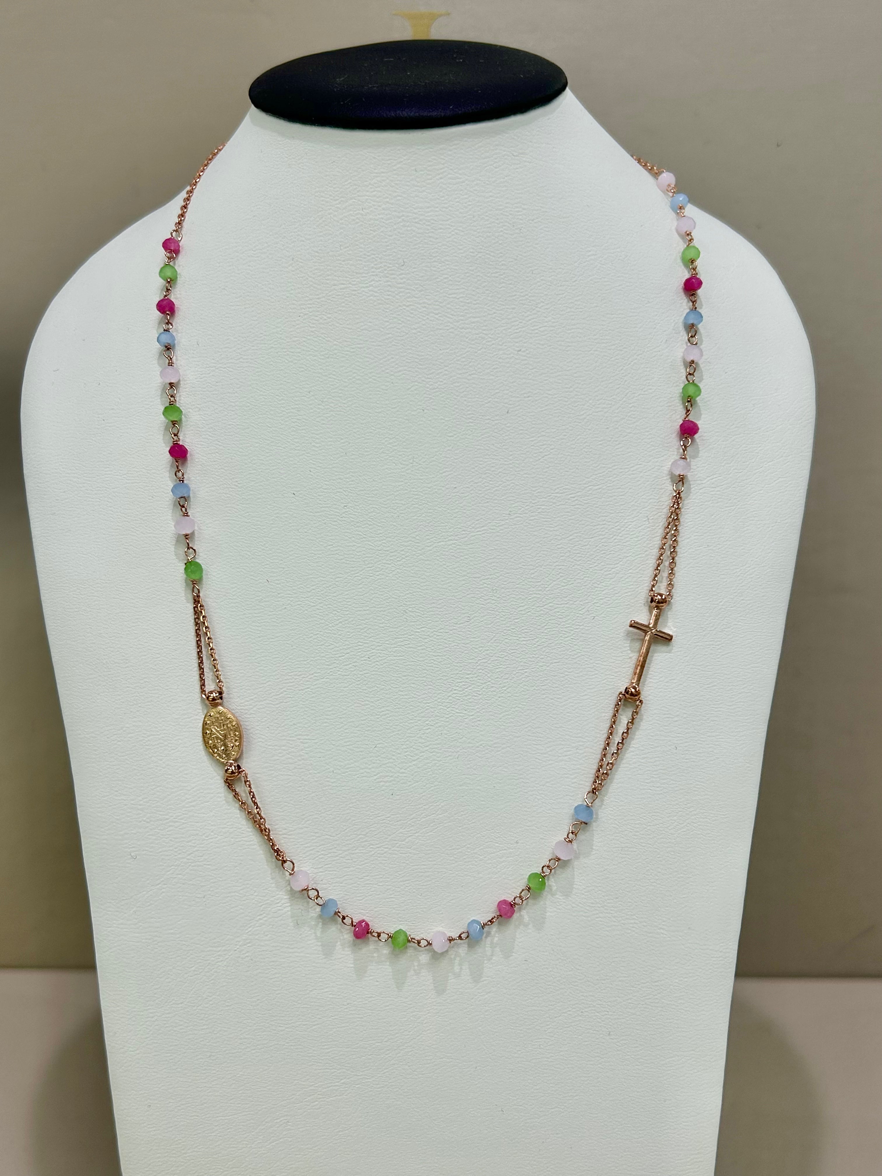 Collana rosario in argento rosato 925% e topazi colorati