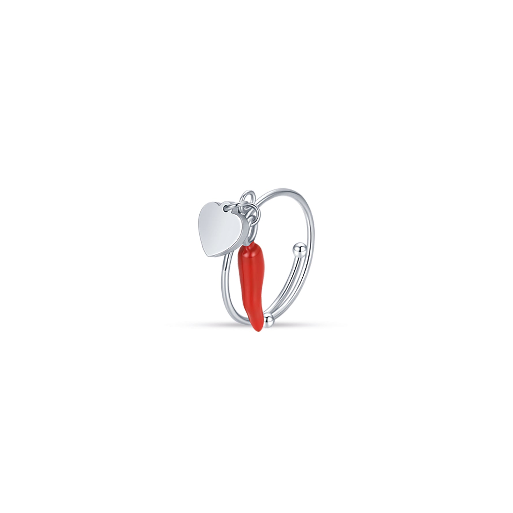 ANELLO IN ACCIAIO CON CORNO ROSSO E CUORE