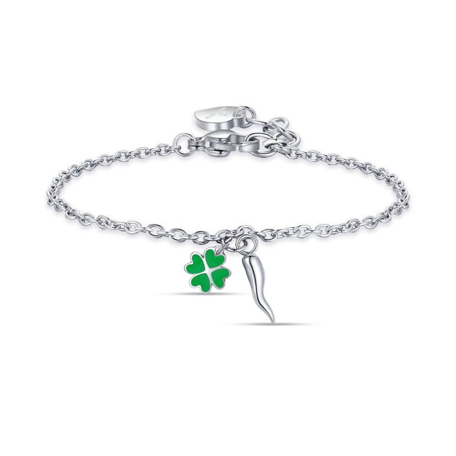 BRACCIALE IN ACCIAIO CON CORNO E QUADRIFOGLIO VERDE