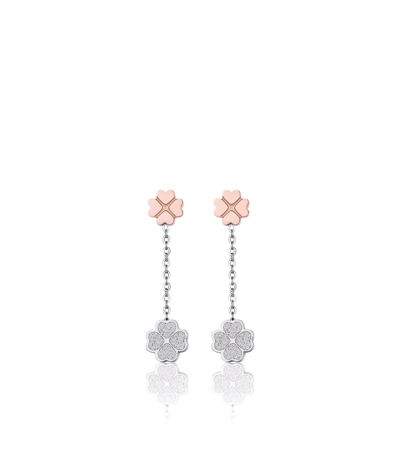 ORECCHINI IN ACCIAIO CON QUADRIFOGLI  IN ACCIAIO IP ROSE E GLITTER BIANCO