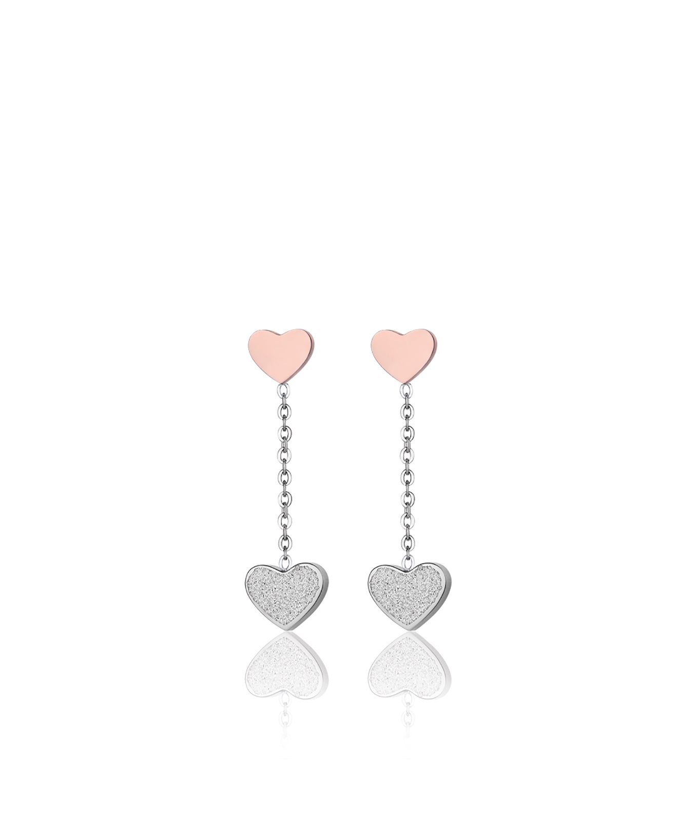 ORECCHINI IN ACCIAIO CON CUORI IN ACCIAIO IP ROSE E GLITTER BIANCO