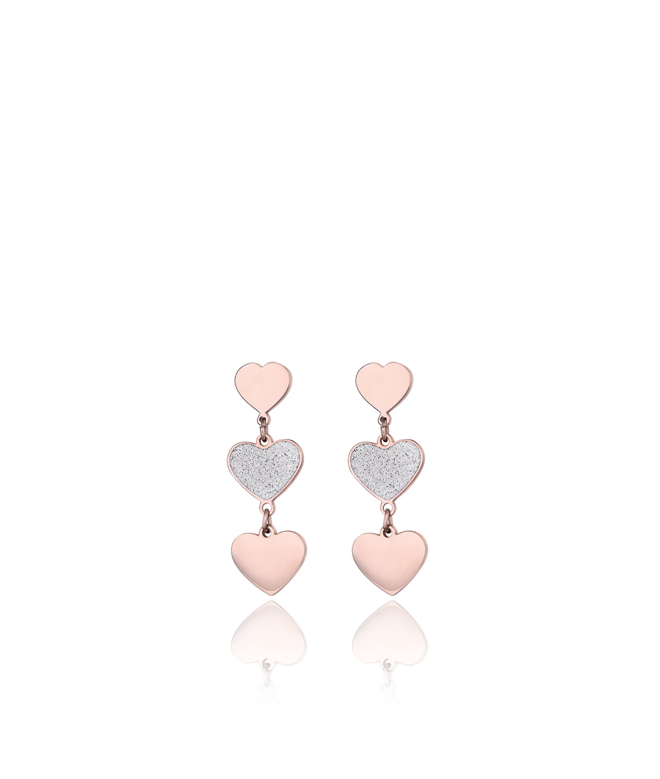 ORECCHINI IN ACCIAIO CON CUORI  IP ROSE E GLITTER