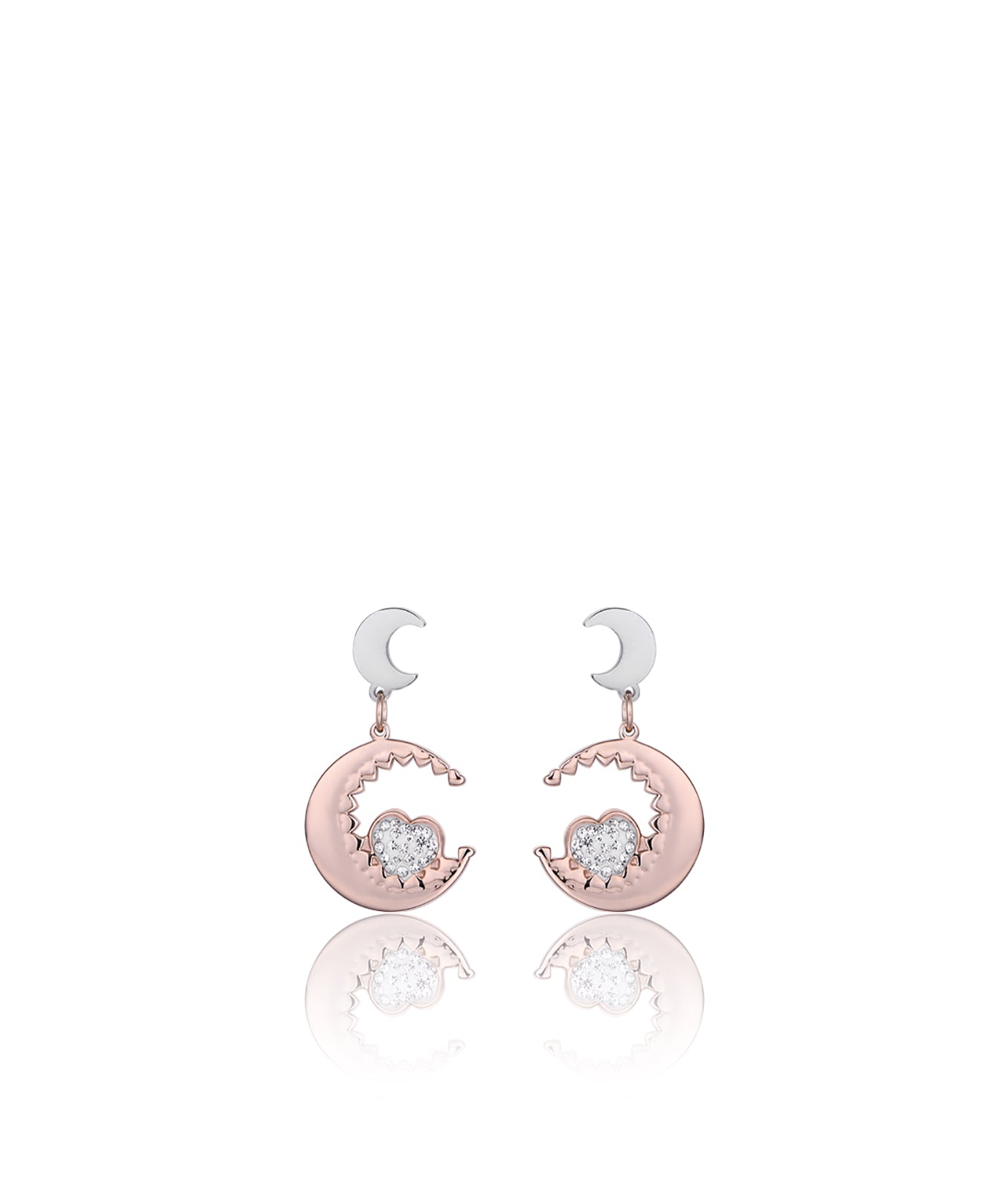 ORECCHINI IN ACCIAIO CON LUNE IP ROSE E CUORI CON CRISTALLI BIANCHI