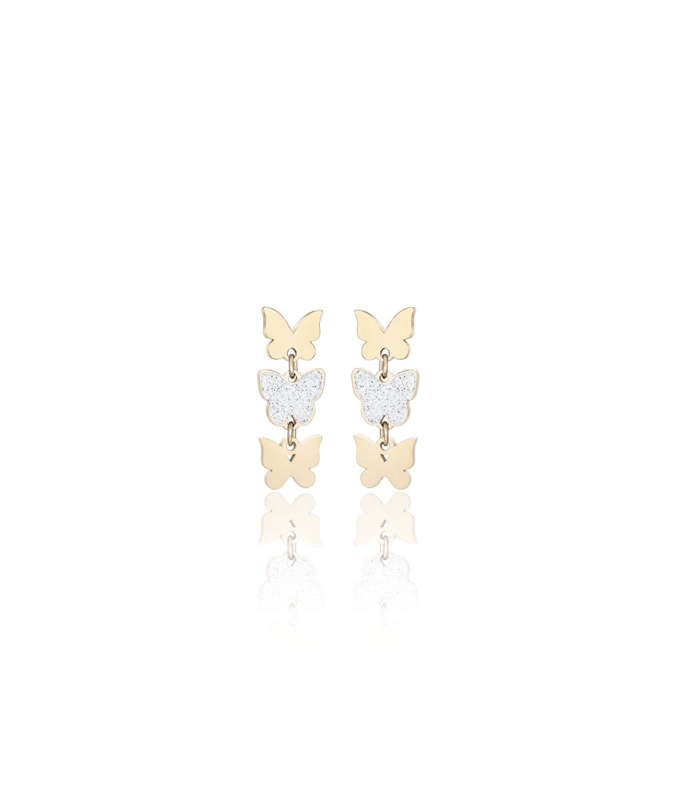 ORECCHINI IN ACCIAIO IP GOLD CON FARFALLE E GLITTER BIANCO