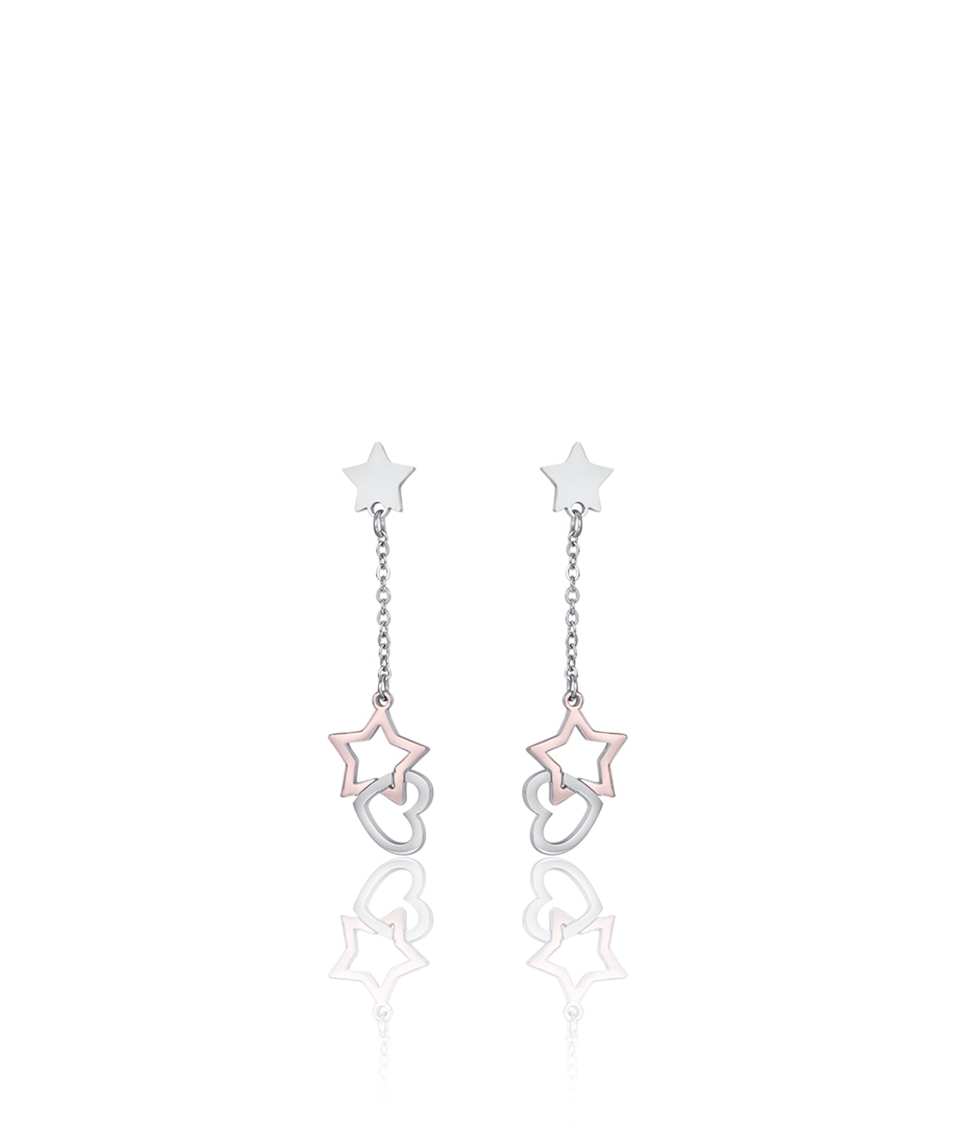 ORECCHINI IN ACCIAIO CON CUORI IN ACCIAIO E STELLA IP ROSE