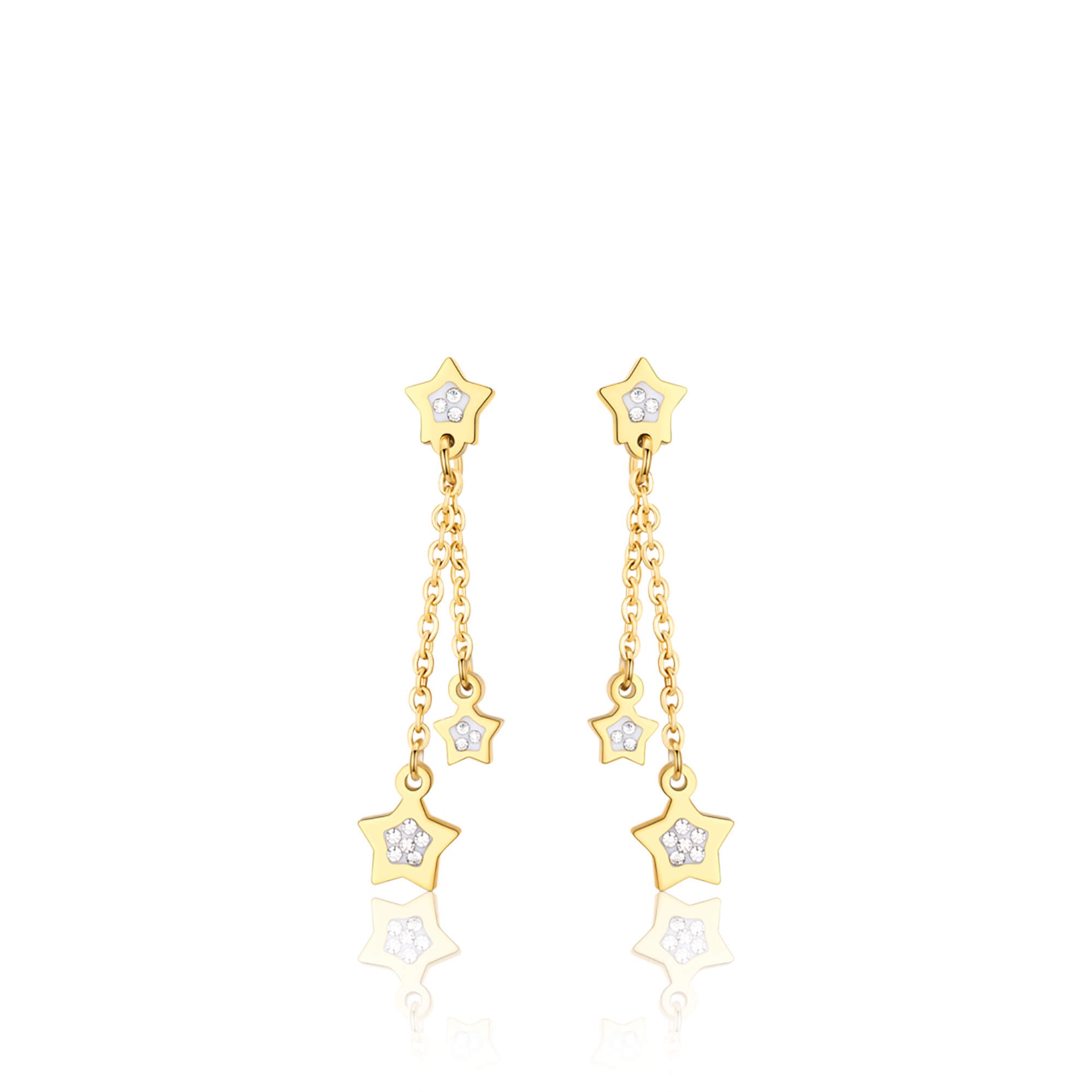 ORECCHINI IN ACCIAIO IP GOLD CON STELLE E CRISTALLI BIANCHI