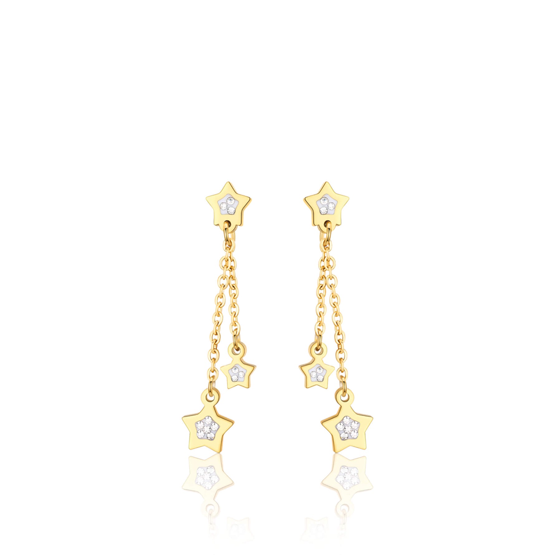 ORECCHINI IN ACCIAIO IP GOLD CON STELLE E CRISTALLI BIANCHI