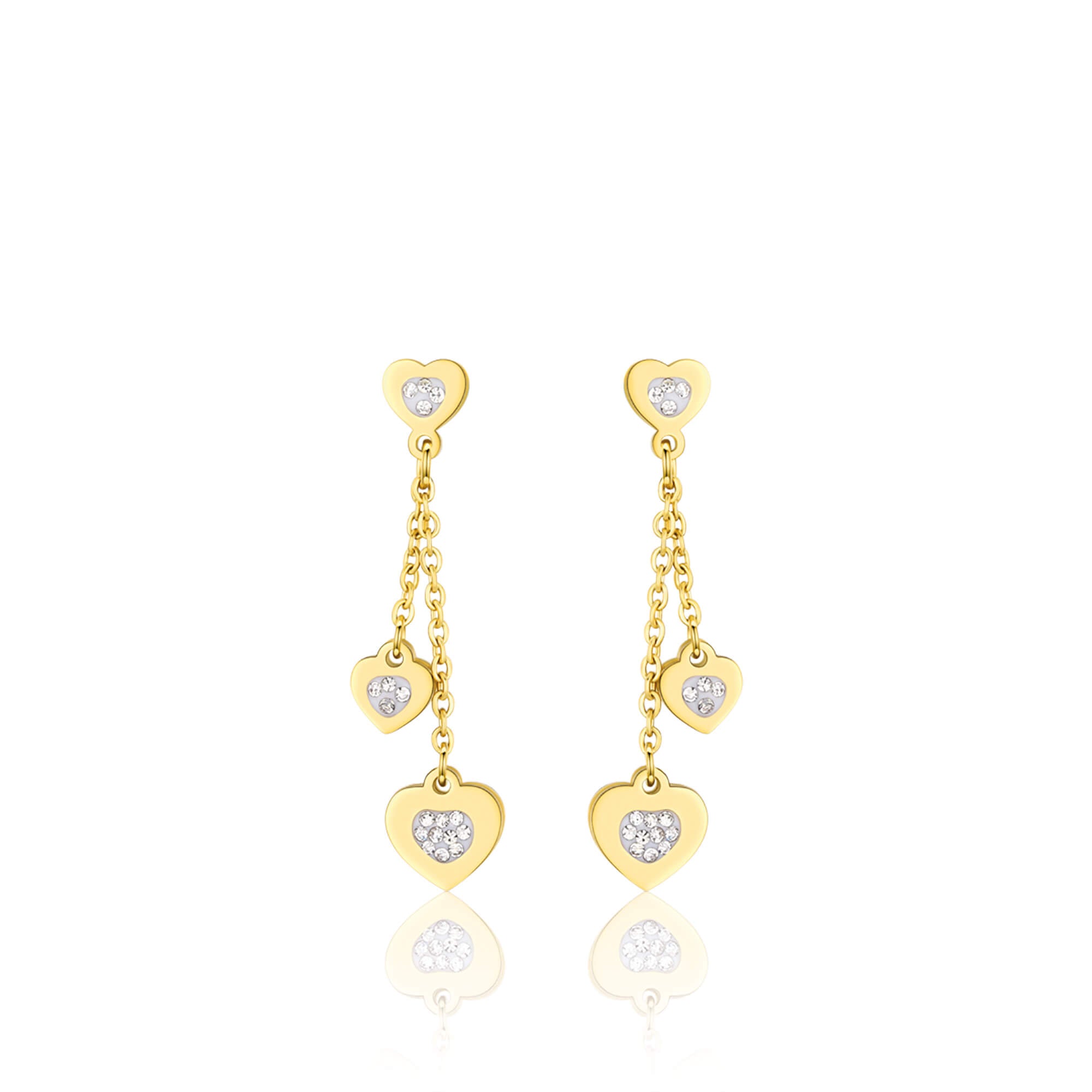 ORECCHINI IN ACCIAIO IP GOLD CON CUORI E CRISTALLI BIANCHI