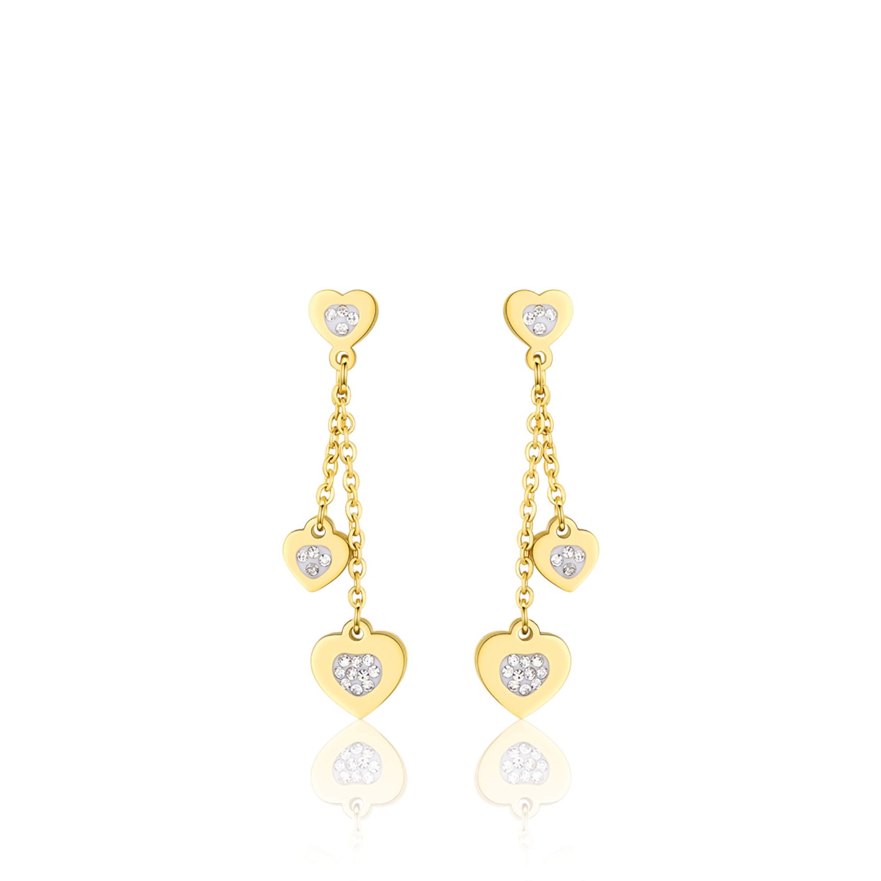 ORECCHINI IN ACCIAIO IP GOLD CON CUORI E CRISTALLI BIANCHI