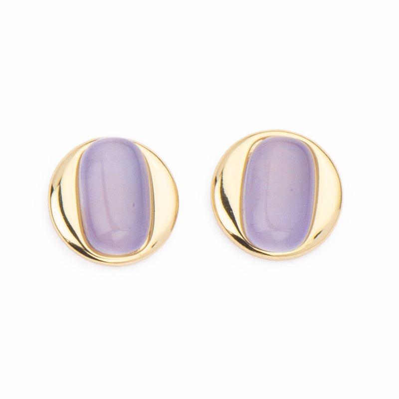 Orecchini top rotondo in brass dorato con cat eye tanzanite dal taglio rettangolare