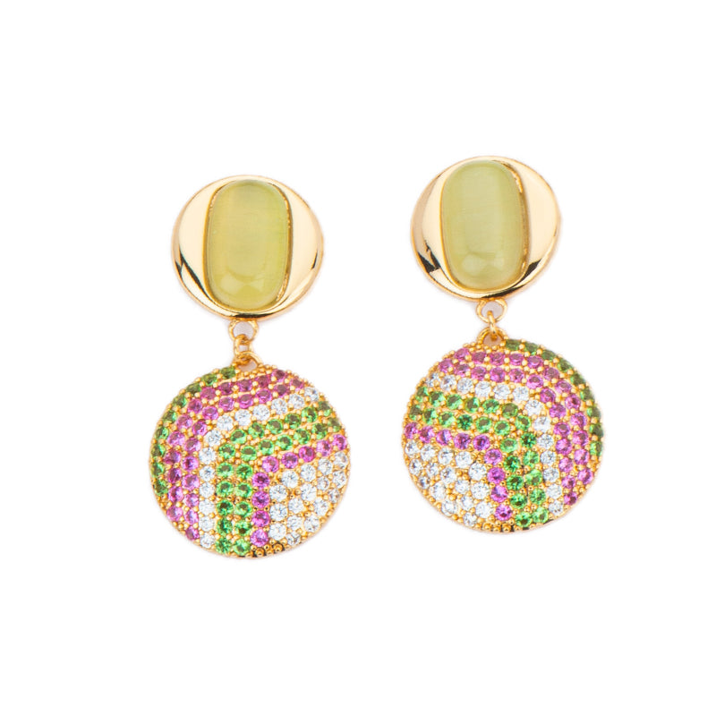Orecchini top rotondo in cat eye verde e pendente in pavè di zirconi clear, fucsia e peridot