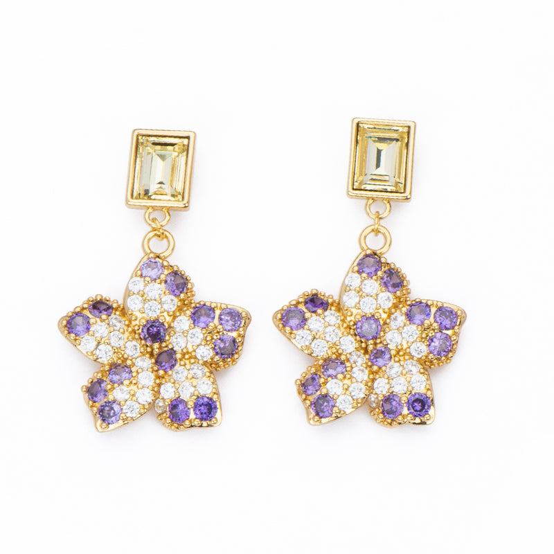 Orecchini con top in cristallo baguette citrino con pendente a fiore con zirconi bicolore violet e clear